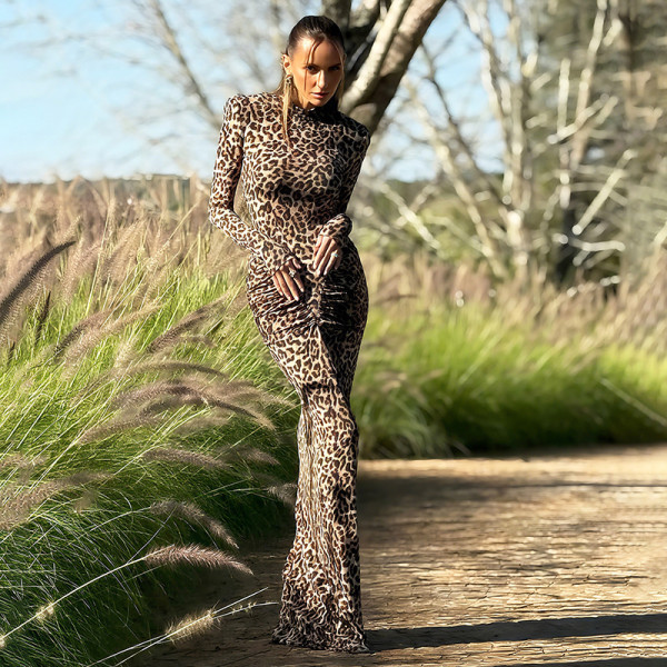 Long Sleeve Print Pleated Maxi Dress XEF-K25D79845