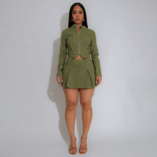 Long Sleeve Zipper Tops Two Piece Skrits Set YF-10888