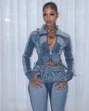 Contrast Color Long Sleeve Denim Two Piece Pants Set NYF-8196
