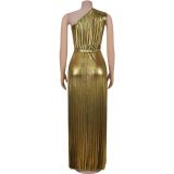 Hot Stamping Slash Shoulder Sleeveless Maxi Dress BY-7506