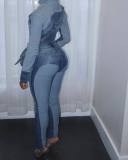 Contrast Color Long Sleeve Denim Two Piece Pants Set NYF-8196