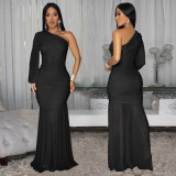 Single Shoulder Long Sleeve Mesh Maxi Dress BY-7500