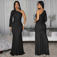 Single Shoulder Long Sleeve Mesh Maxi Dress BY-7500