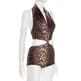 Leopard Print Twist-Knot Patchwork Romper MXBF-J25RP214