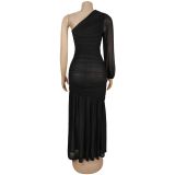 Single Shoulder Long Sleeve Mesh Maxi Dress BY-7500