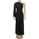 Single Shoulder Long Sleeve Mesh Maxi Dress BY-7500