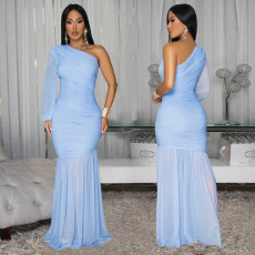 Single Shoulder Long Sleeve Mesh Maxi Dress BY-7500