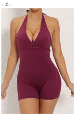 Solid Color Halterneck Tie Up Sport Romper GQSA-2283