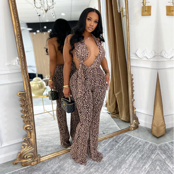 Leopard Print Backless Slim Jumpsuit BY-7495