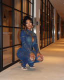 Denim Long Sleeve Zipper Coat Two Piece Pants Set CM-9528
