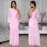 Single Shoulder Long Sleeve Mesh Maxi Dress BY-7500