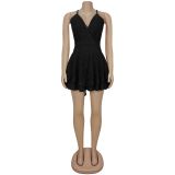 Solid Color V Neck Backless Mini Dress BY-7472