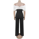V Neck Black White Color Block Jumpsuit BY-7498