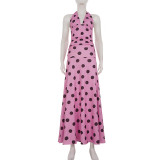 Polka Dot Print V Neck Tie Up Maxi Dress GLRF-NK40604