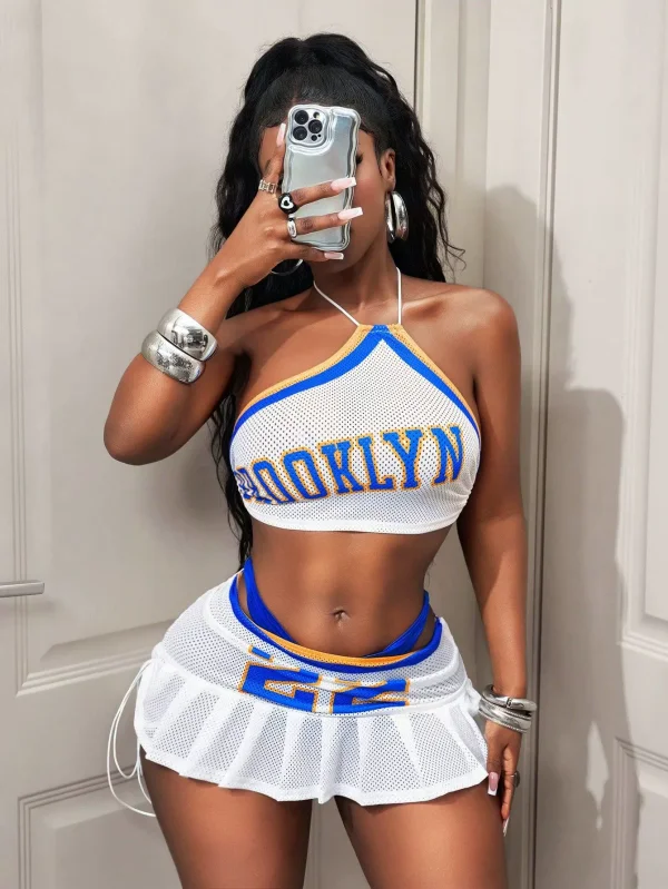 Letter Print Halterneck Two Piece Skirts Set YWXS-K25L869