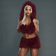 Deep V-neck Hooded Strapless Skirt Fur Set MXBF-J25ST219