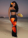 Sexy Wrap Chest Print Long Skirts Suit YWXS-K25L811-K25L923