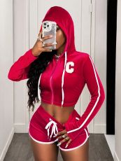 Long Sleeve Hooded Zipper Two Piece Shorts Set YWXS-K25L1145