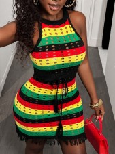 Stripe Contrast Color Hollow Out Mini Dress YWXS-K25L1037