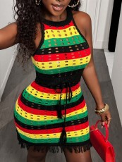 Stripe Contrast Color Hollow Out Mini Dress YWXS-K25L1037