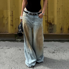 Washed Contrast Color Loose Straight Jeans GLRF-NK41922