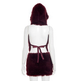 Deep V-neck Hooded Strapless Skirt Fur Set MXBF-J25ST219