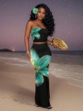 Sexy Wrap Chest Print Long Skirts Suit YWXS-K25L811-K25L923