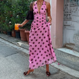 Polka Dot Print V Neck Tie Up Maxi Dress GLRF-NK40604