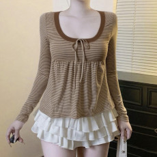 Stripe Tie Up Long Sleeve T Shirts GLRF-NK41781