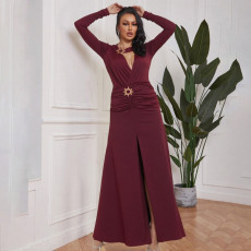Deep V Neck Split Solid Color Maxi Dress XEF-K25D79803