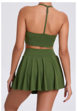 Sport Solid Halterneck Tank Tops Pleated Skirts Set GQSA-9904
