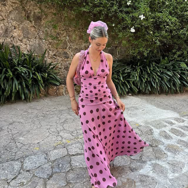 Polka Dot Print V Neck Tie Up Maxi Dress GLRF-NK40604