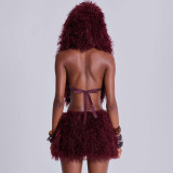 Deep V-neck Hooded Strapless Skirt Fur Set MXBF-J25ST219