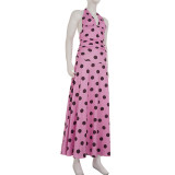 Polka Dot Print V Neck Tie Up Maxi Dress GLRF-NK40604
