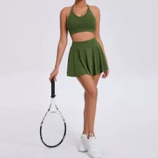 Sport Solid Halterneck Tank Tops Pleated Skirts Set GQSA-9904