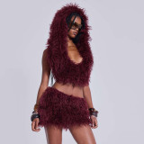 Deep V-neck Hooded Strapless Skirt Fur Set MXBF-J25ST219