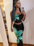 Sexy Wrap Chest Print Long Skirts Suit YWXS-K25L811-K25L923