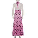 Polka Dot Print V Neck Tie Up Maxi Dress GLRF-NK40604