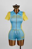 Letter Print Patchwork Zipper Two Piece Shorts Set YWXS-K25L812