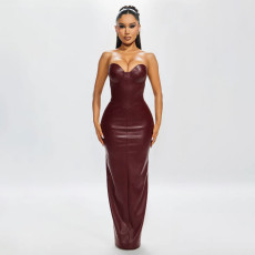 Fashion Wrap Chest PU Leather Maxi Dress GLRF-NK42099