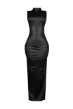 Sleeveless PU Leather Split Maxi Dress OLYF-6191