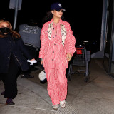 Stripe Long Sleeve Shirt Wide Leg Pants 2 Piece Set YNSF-80001