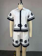 Lapel Color Block Shirt Shorts 2 Piece Set GCNE-72843