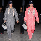 Stripe Long Sleeve Shirt Wide Leg Pants 2 Piece Set YNSF-80001