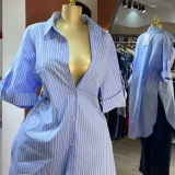 Stripe Short Sleeve Midi-lenght Shirt GCNE-72938