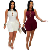 Solid Color Hollow Out Pleated Mini Dress GDIM-2532