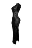 Sleeveless PU Leather Split Maxi Dress OLYF-6191