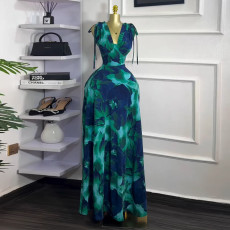 Print V Neck Drawstring Maxi Dress GMSF-9247