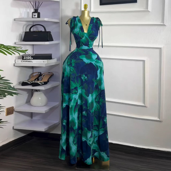 Print V Neck Drawstring Maxi Dress GMSF-9247