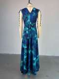 Print V Neck Drawstring Maxi Dress GMSF-9247